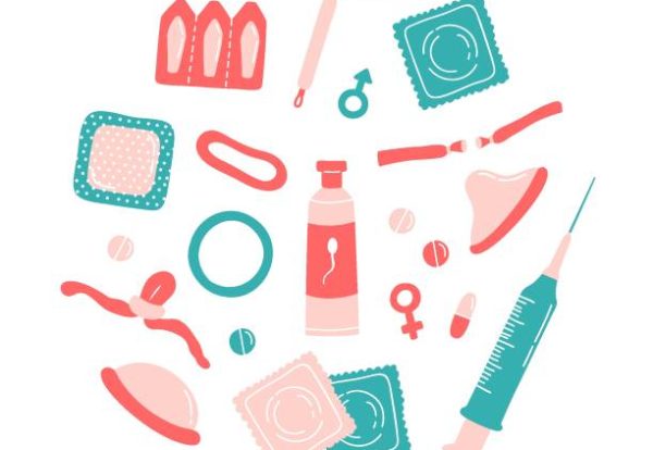 Set of contraception methods items - contraceptive patch, hormonal ring, intrauterine device, injection, pills, diaphragm, male condom, spermicides, surgical sterilization, emergency contraceptive.